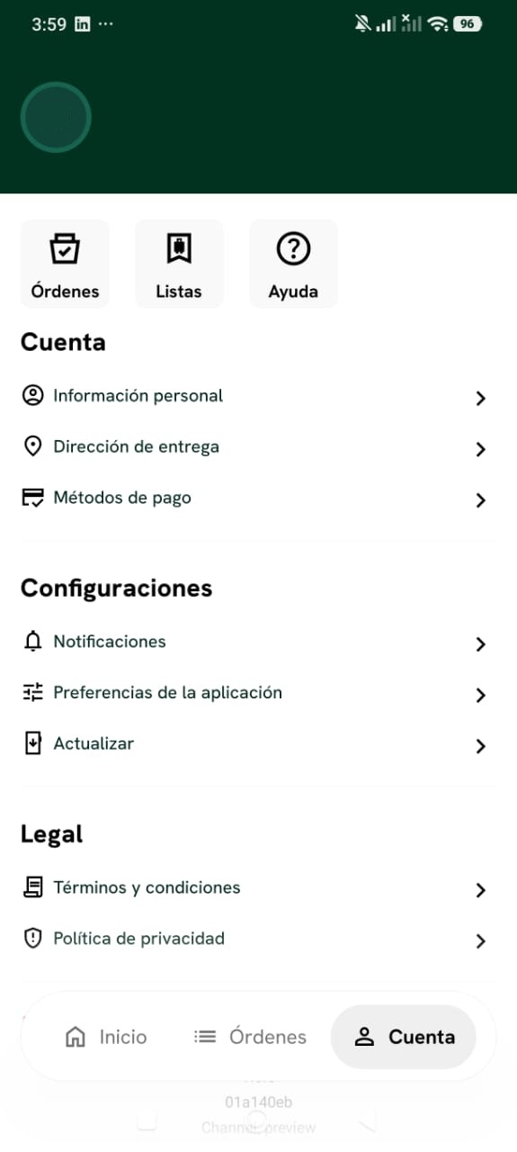 Pantalla de Cuenta con la opción "Información personal".