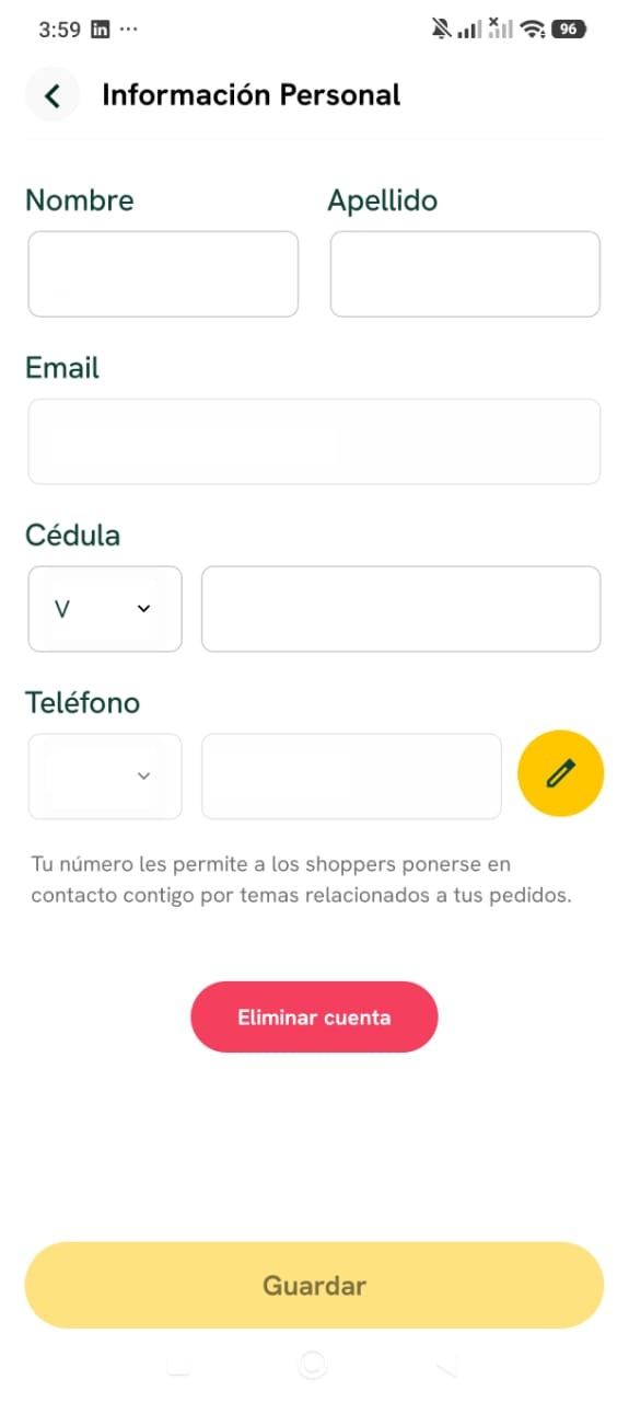 Pantalla de Información Personal con el botón "Eliminar cuenta".